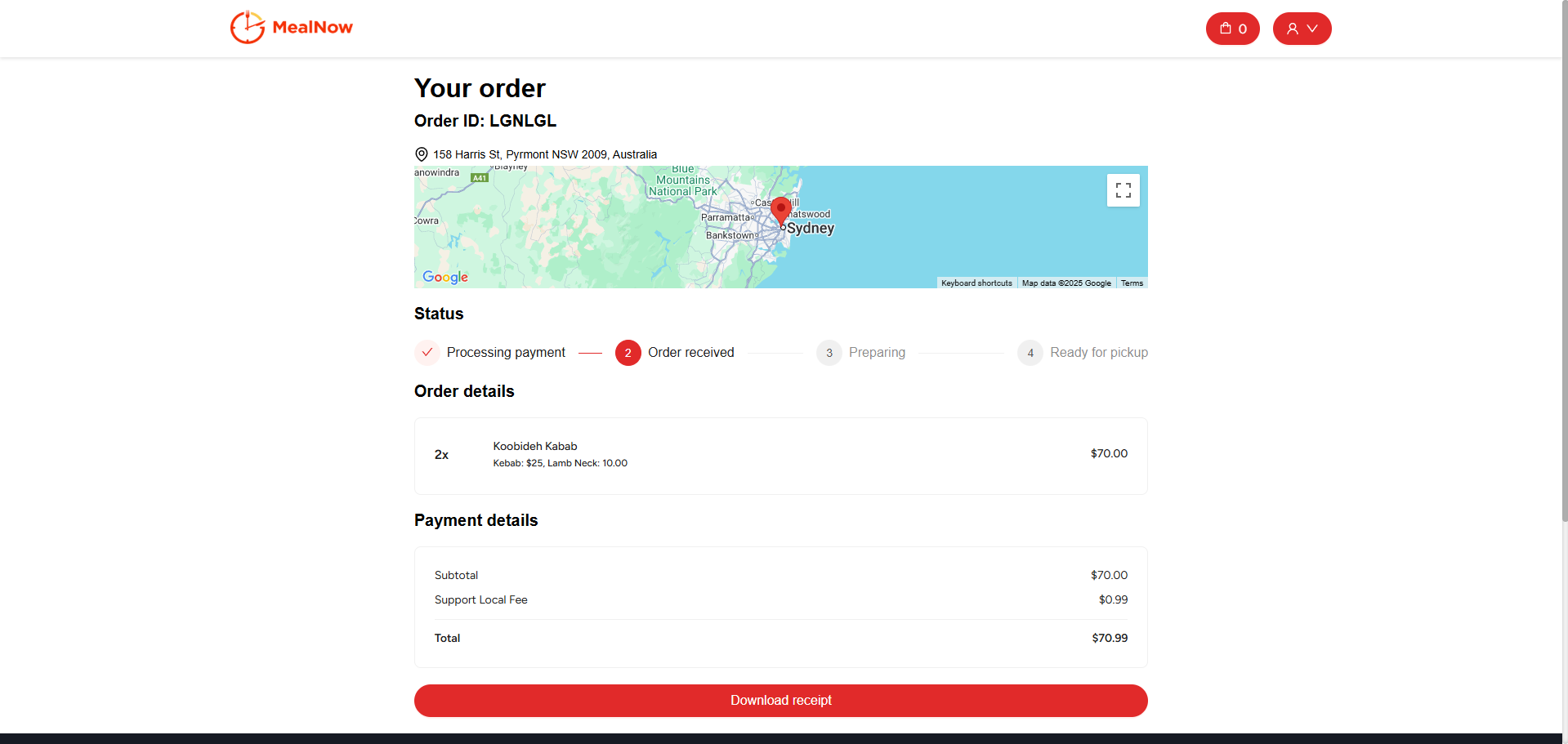 Order details and receipt